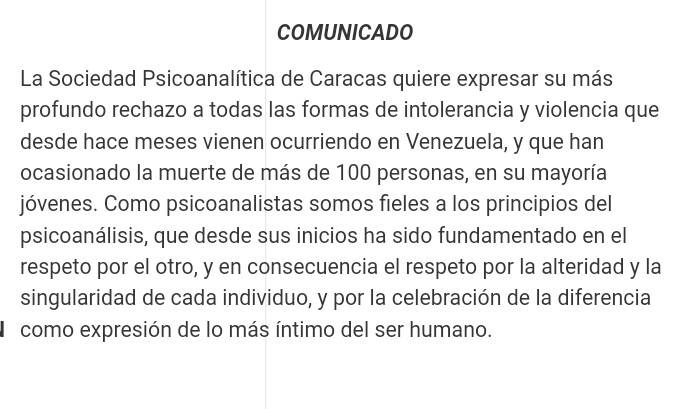 COMUNICADO DE LA SOCIEDAD PSICOANALITICA DE CARACAS